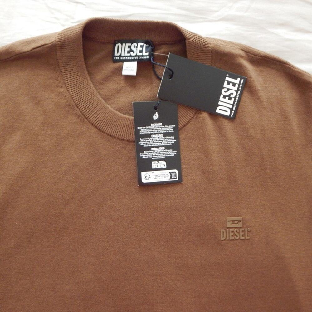 NWT DIESEL K-FREEX-NEWPRINT KNITWEAR Cotton Sweater Logo Patch COFFEE Men's XL